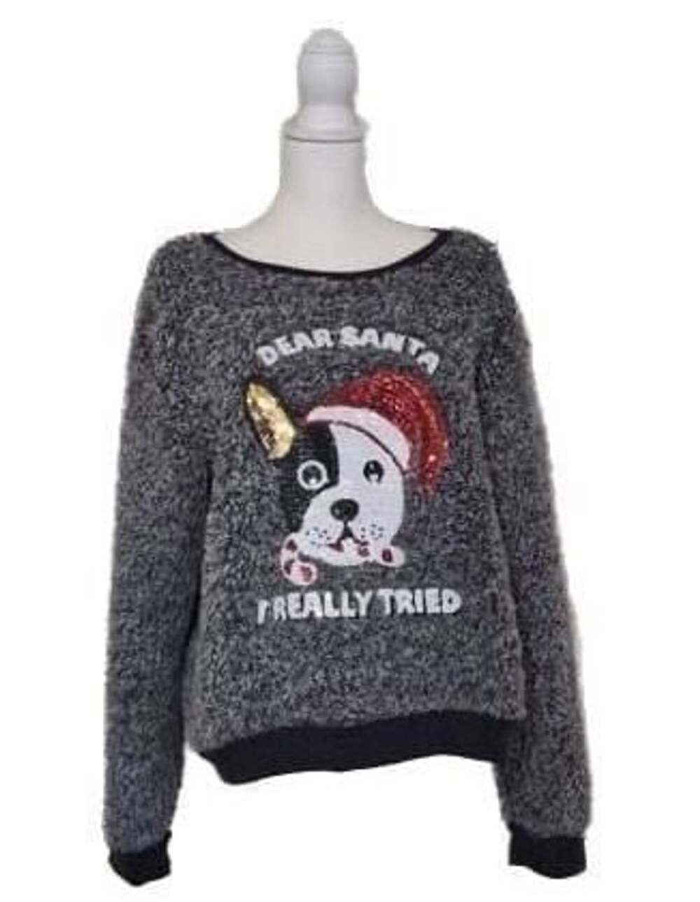 Dear Santa I Really Tried Sequin French Bulldog Sherpa Fuzzy Pullover  XL
